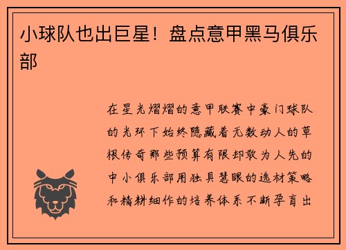 小球队也出巨星！盘点意甲黑马俱乐部